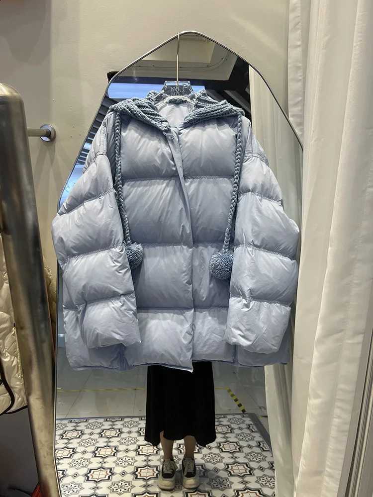 White Duck Down Coat Women Warm Loose Thick Jacket Female Preppy Style Spliced Hooded Office Lady 2024 Winter New Casual Fashion H260917