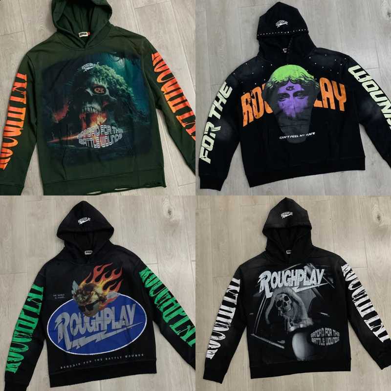 Vintage Washed Black ROUGH PLAY Hoodie High Quality Streetwear Sweatshirt Men's Women's Casual Loose Pullover X260916
