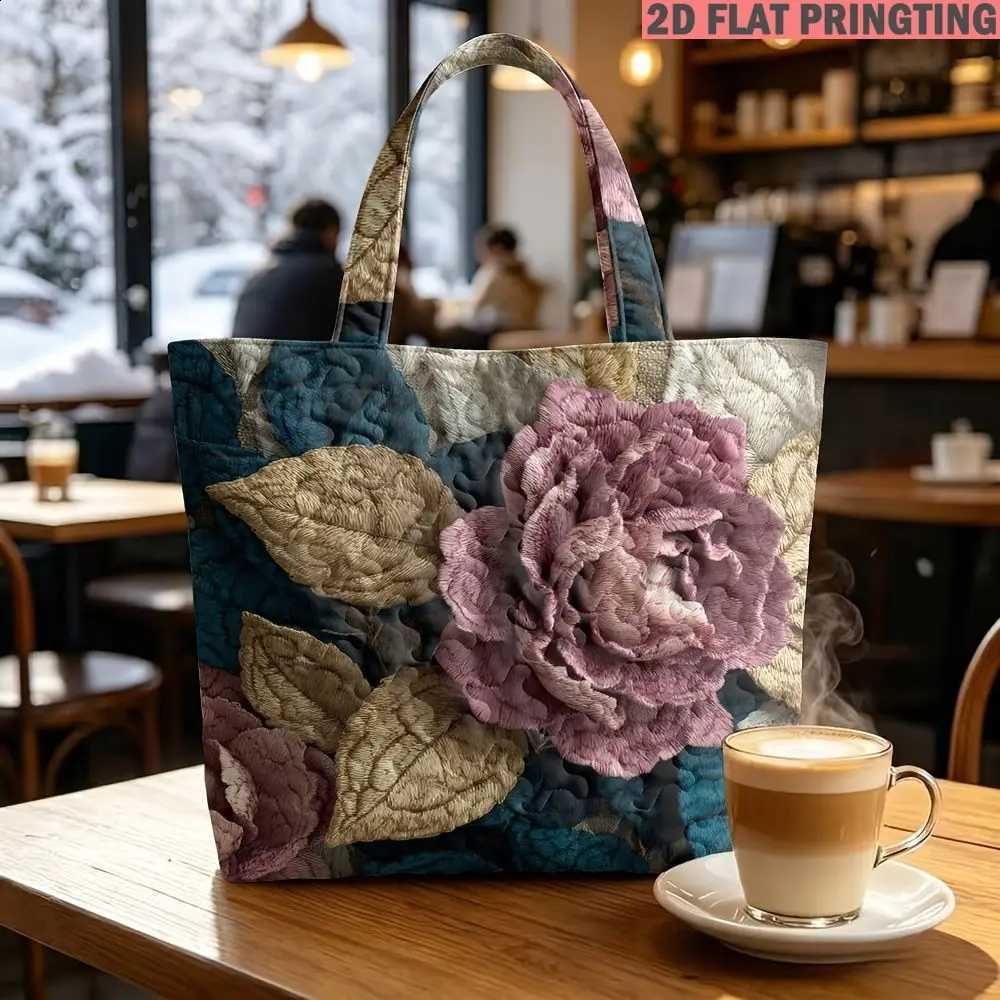 1pc Women's Quilted Tote Bag 2D Flat Print Floral Embroidered Rose Pattern Design Multi-Functional Large Capacity Quilted Bag H260916