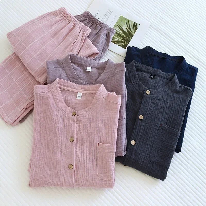 2026 Japanese Style Couple Sleepwear Set 100% Cotton Crepe Fabric Long Sleeved Long Pants Two-piece Home Wear Pajama 260916
