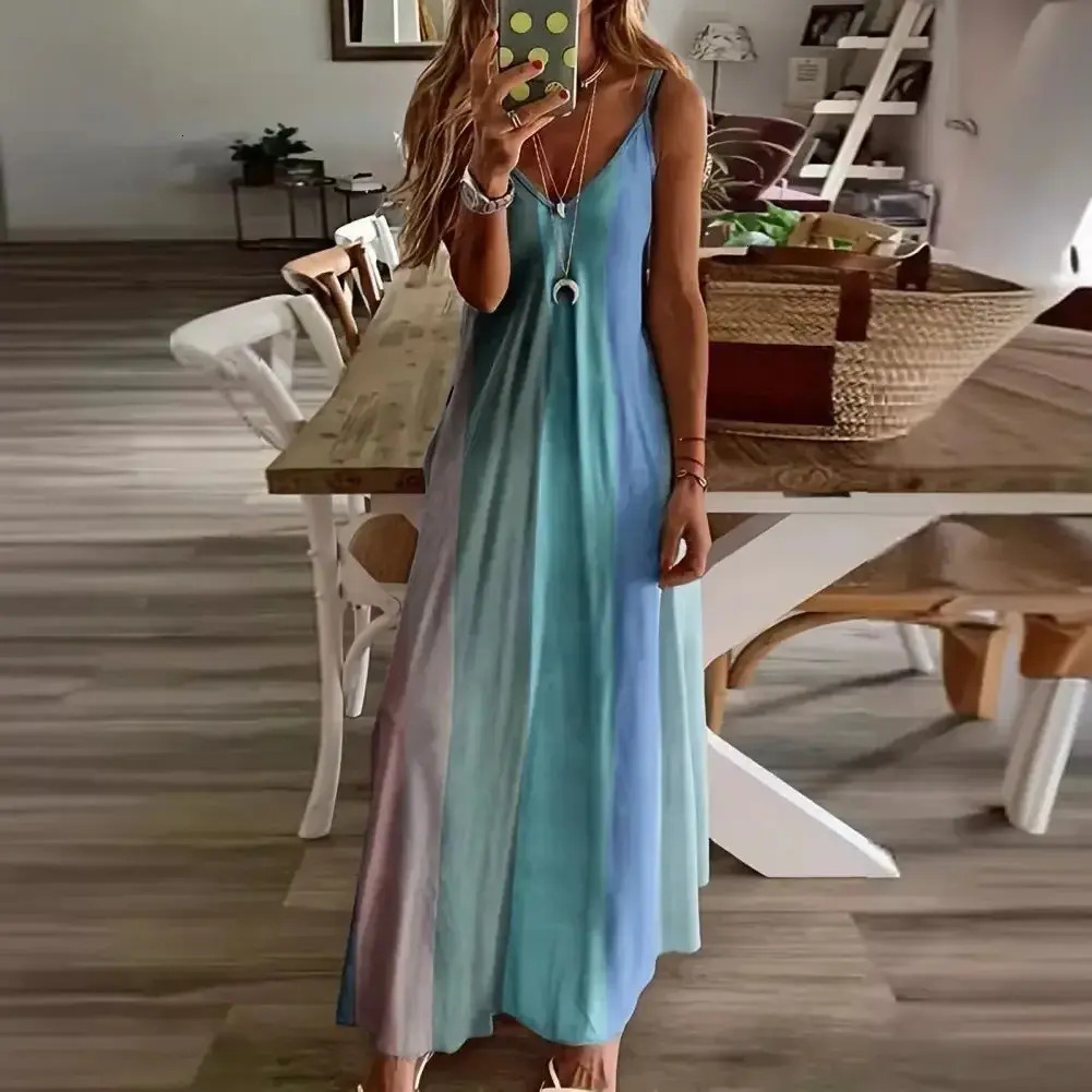 everyday Women Casual Dress Spaghetti Strap Gradient Long Dresses Ladies Summer Casual V Neck Flowy Maxi Dress Women Loose Beach Sundress Ladies Bas