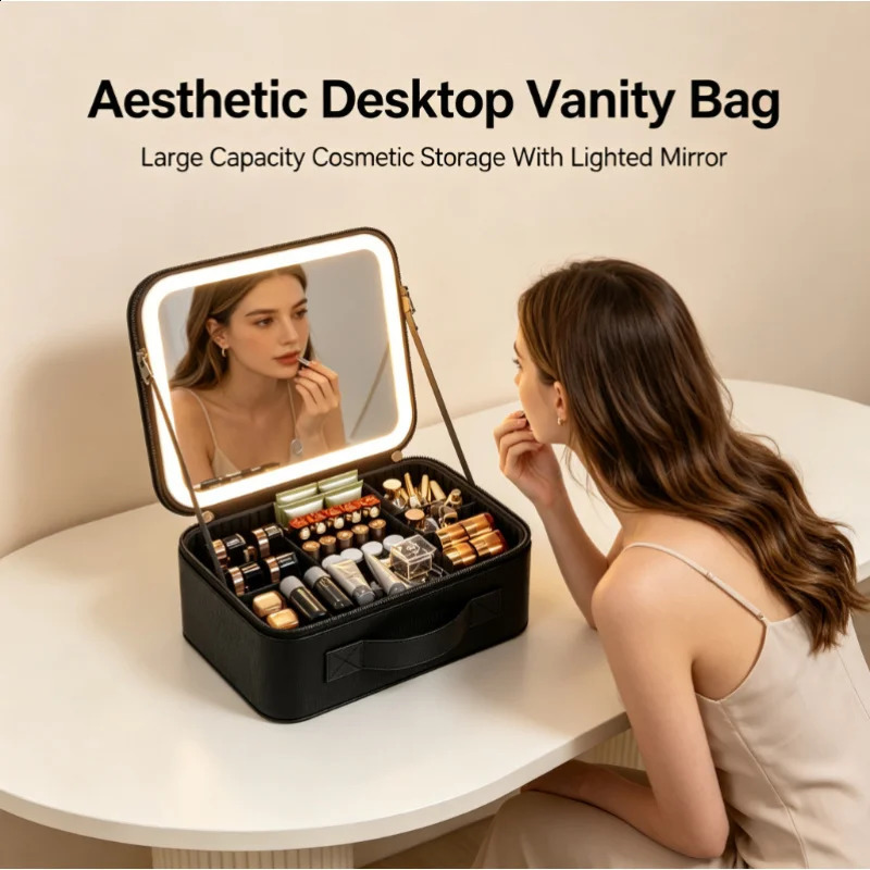 LED Lighted Makeup Bag with Mirror Large Capacity Travel Cosmetic Case Women Beauty Storage Organizer 260917