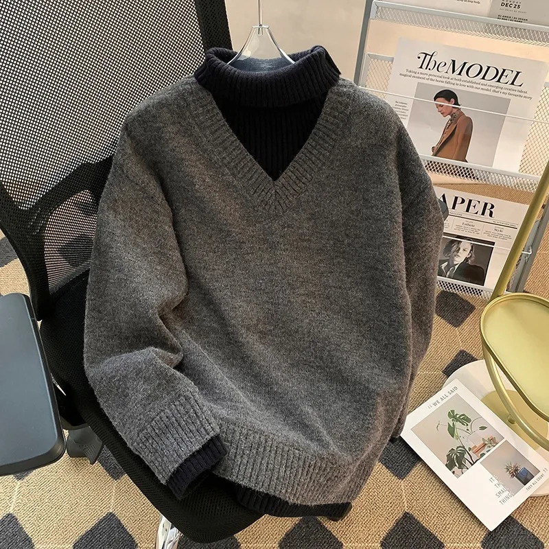 Foldable Turtleneck Twopiece Sweater Men Korean Style Solid Color Long Sleeved Casual Loose Knit Pullover Tops Winter 260916