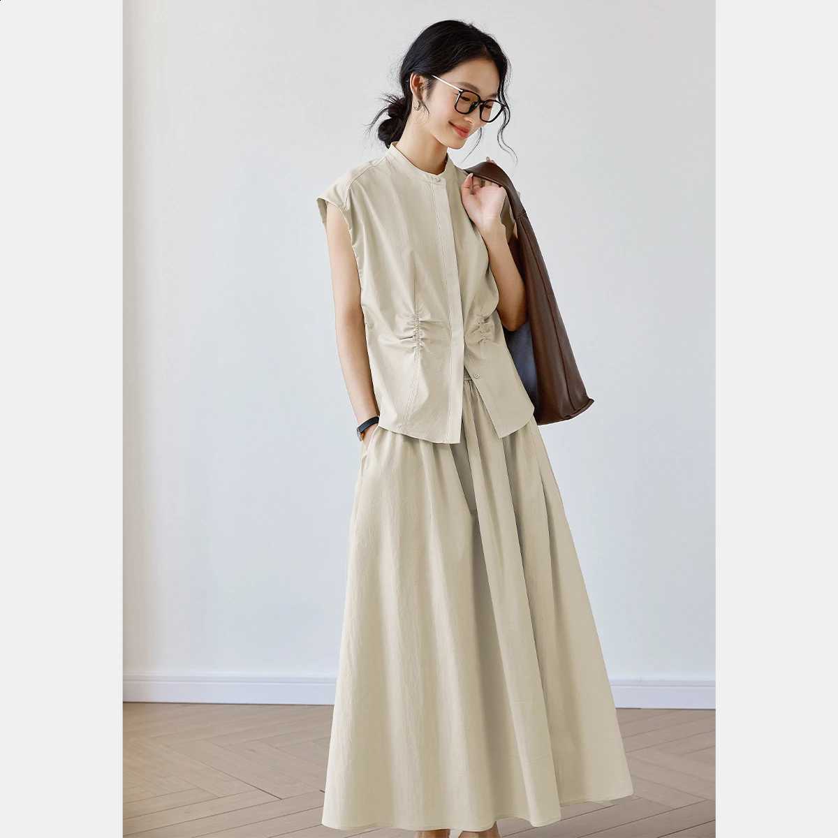 Minimalist Casual VIMLY Skirt Women's Set 2026 Summer New Round Neck Sleeveless Top Elastic Waist Maxi Skirt 2 Piece Set M9593W260915