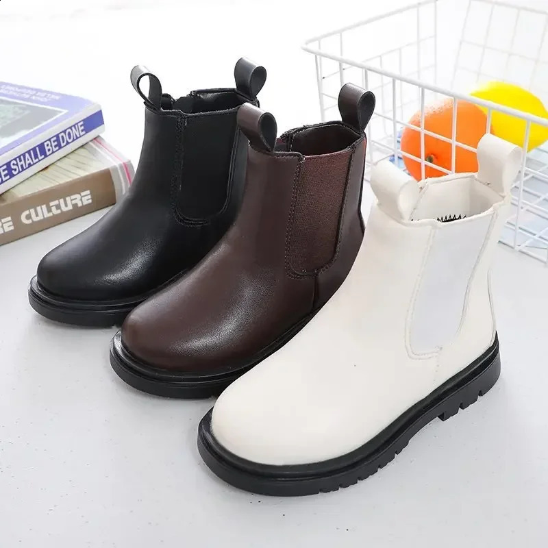 Children Chelsea Boots for Boys Girls Fashion Classic Zipper Ankle High Kids Short Boots Black Brown Beige Autumn Winter Warm 260916