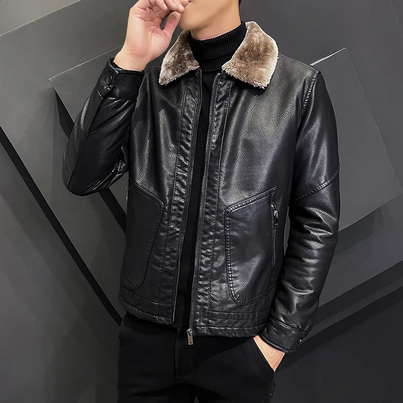 Korean Handsome Men's Leather Jacket Fleece Warm Jackets Men Autumn Winter Trend Plus Size 260916