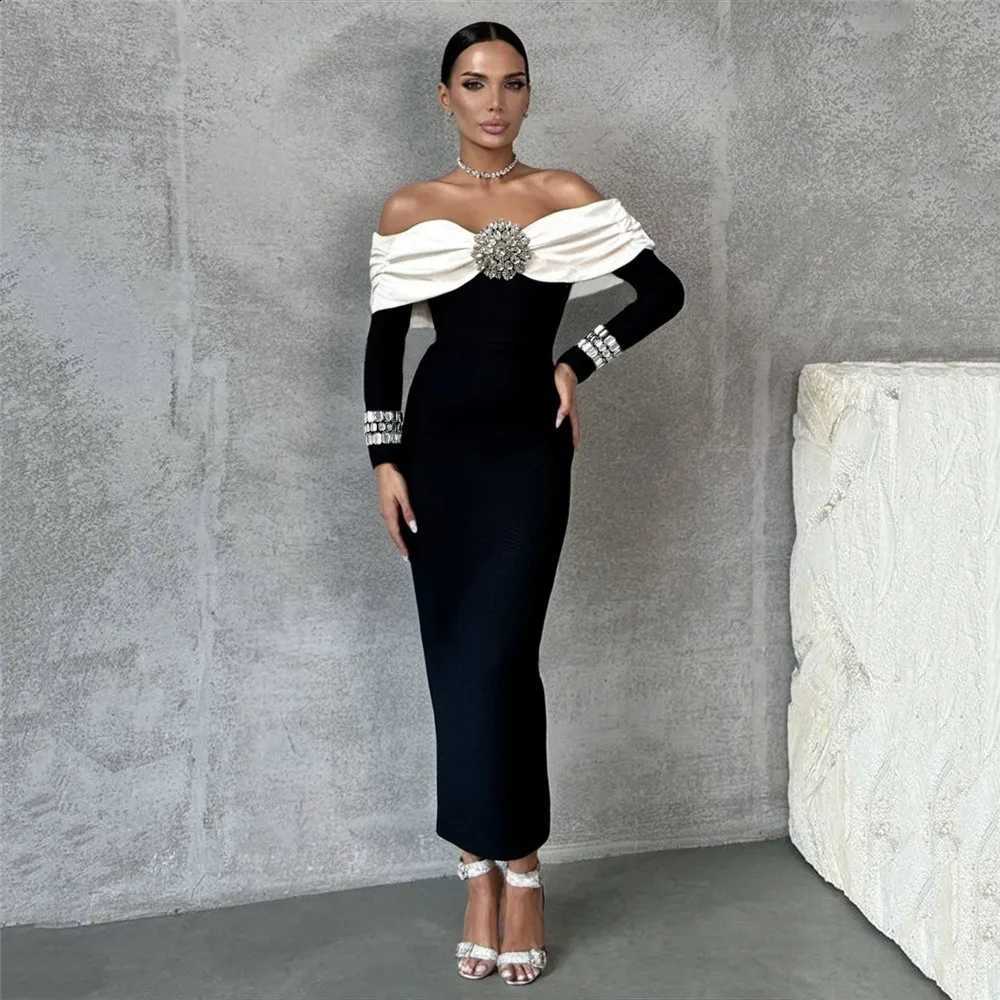 Beading Elegant Women Bandage Dress Sexy Off The Shoulder Long Sleeve Patchwork Clothing Club Party Celebrity Dresses C260917