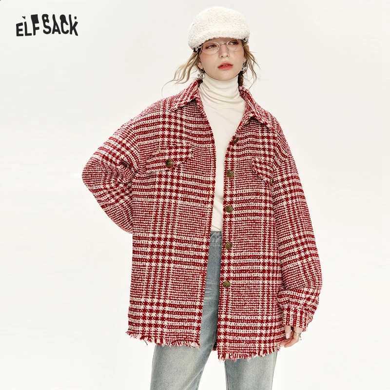 Winter ELFSACK 2024 New Arrivals Loose Plaid Single Breasted Thickened Shirt Jacket Women Christmas C260917