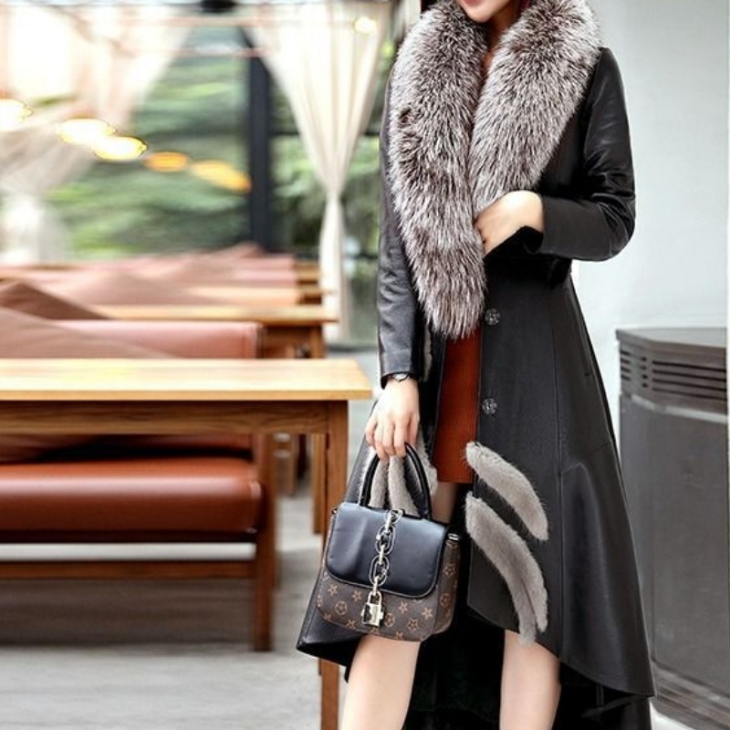 Women Mid Long Winter Coat Large Wide Collar Floral Embellishment Front Slit Irregular Hem Slim Long Sleeve Solid Red Elegant Overcoat For Ladies