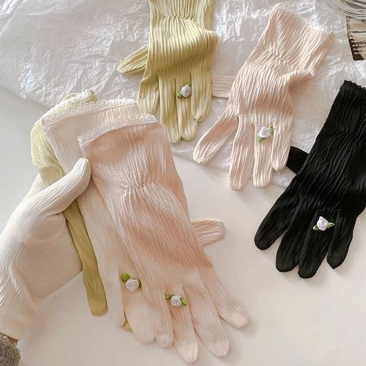 Korean-style ins floral solid color sunscreen gloves for women, spring and summer, UV protection, thin, breathable, touch-screen compatible, trendy
