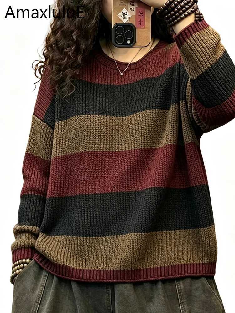Amax LuluE 2026 Autumn Womens Fashion Loose Striped Sweaters Ladies Casual Vintage O Neck Pullover Classic Big Size Warm Jumpers S2609170YCC
