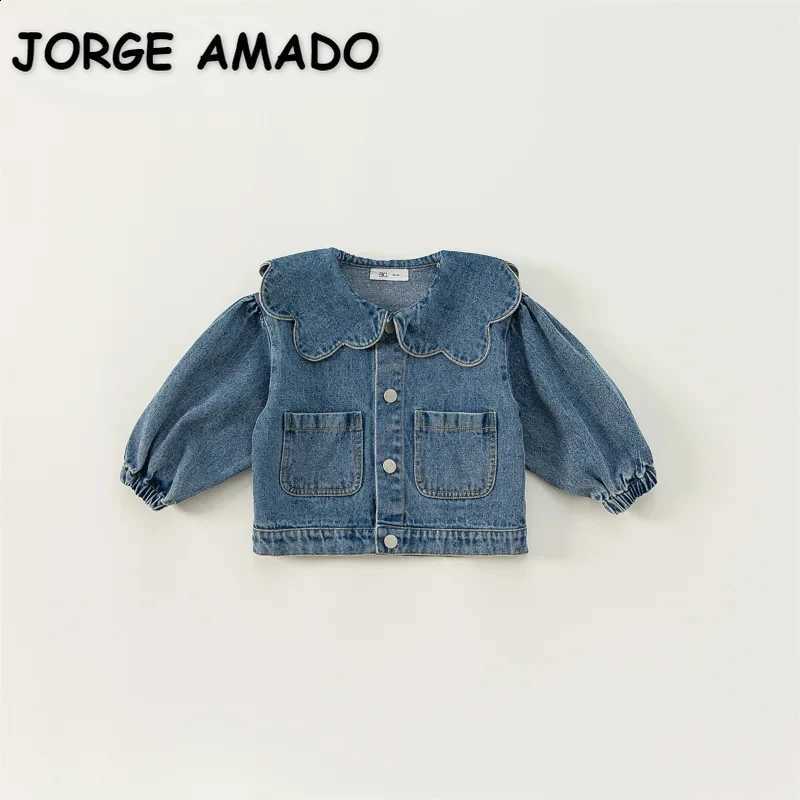Spring Korean Style Autumn Kids Girl Denim Coat Ruffle Collar Long Sleeve Outerwear Children Fashion Versatile Clothes E82075T260916