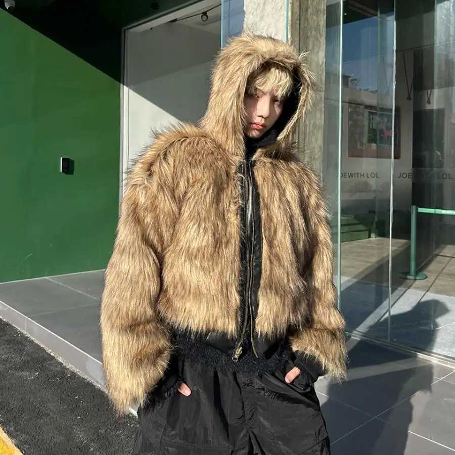 Men Winter Coat Faux Fur Pu Leather Jacket Reversible Wear Hooded Fleece Warm Thick Coat Trendy Mens Fur Jackets Solid W260915