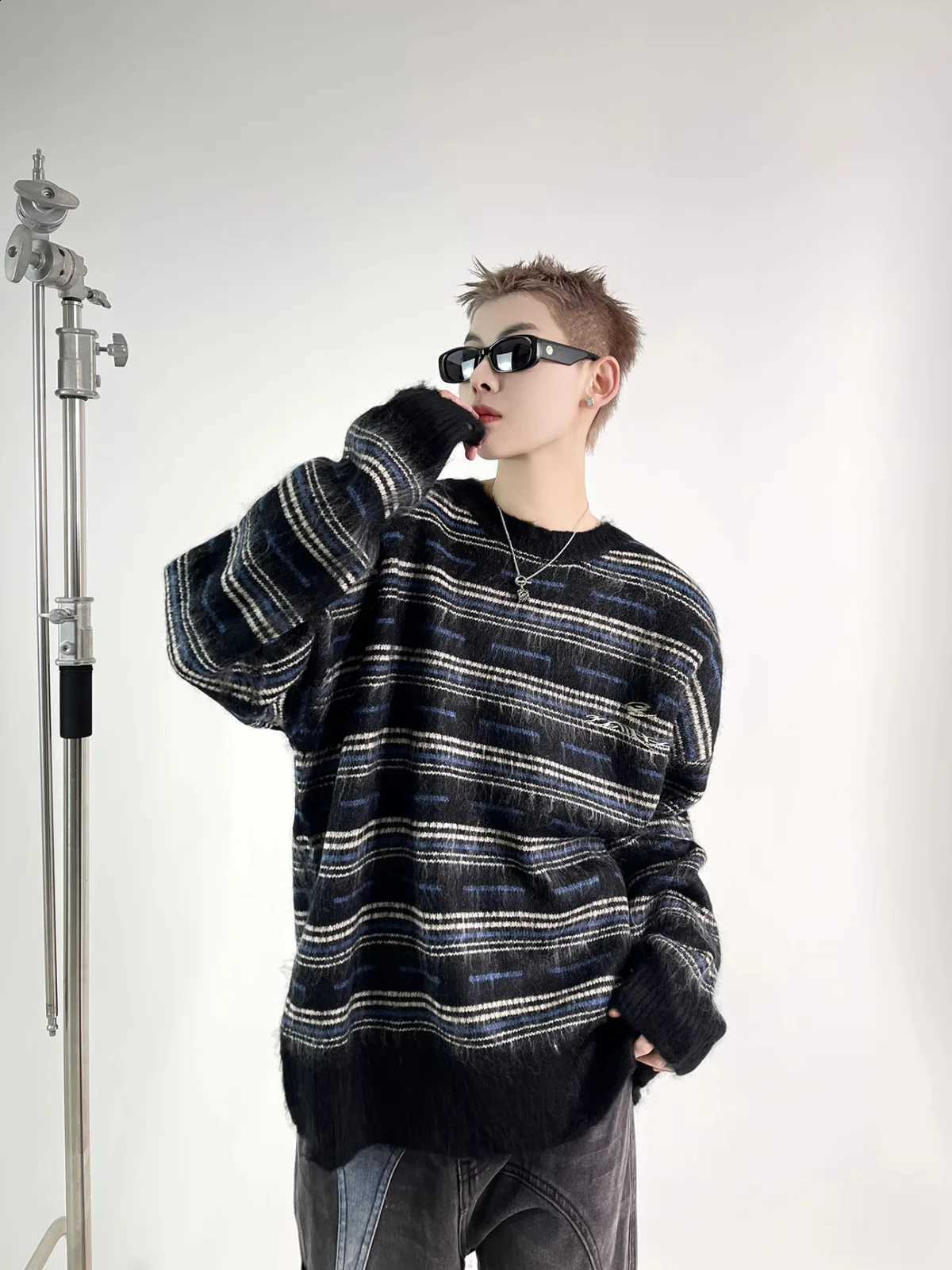 Style round Neck Striped American Color Block Knitted Sweater Casual Loose Fit Long Sleeve Unisex Vintage Design Sweatshirt J260916