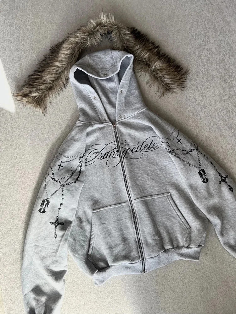Winter Fashion Streetwear Women's Gothic Punk Faux Fur Hooded Jacket With Cross Print Trendy Edgy Zip - Up Sweatshirt 2026 260917