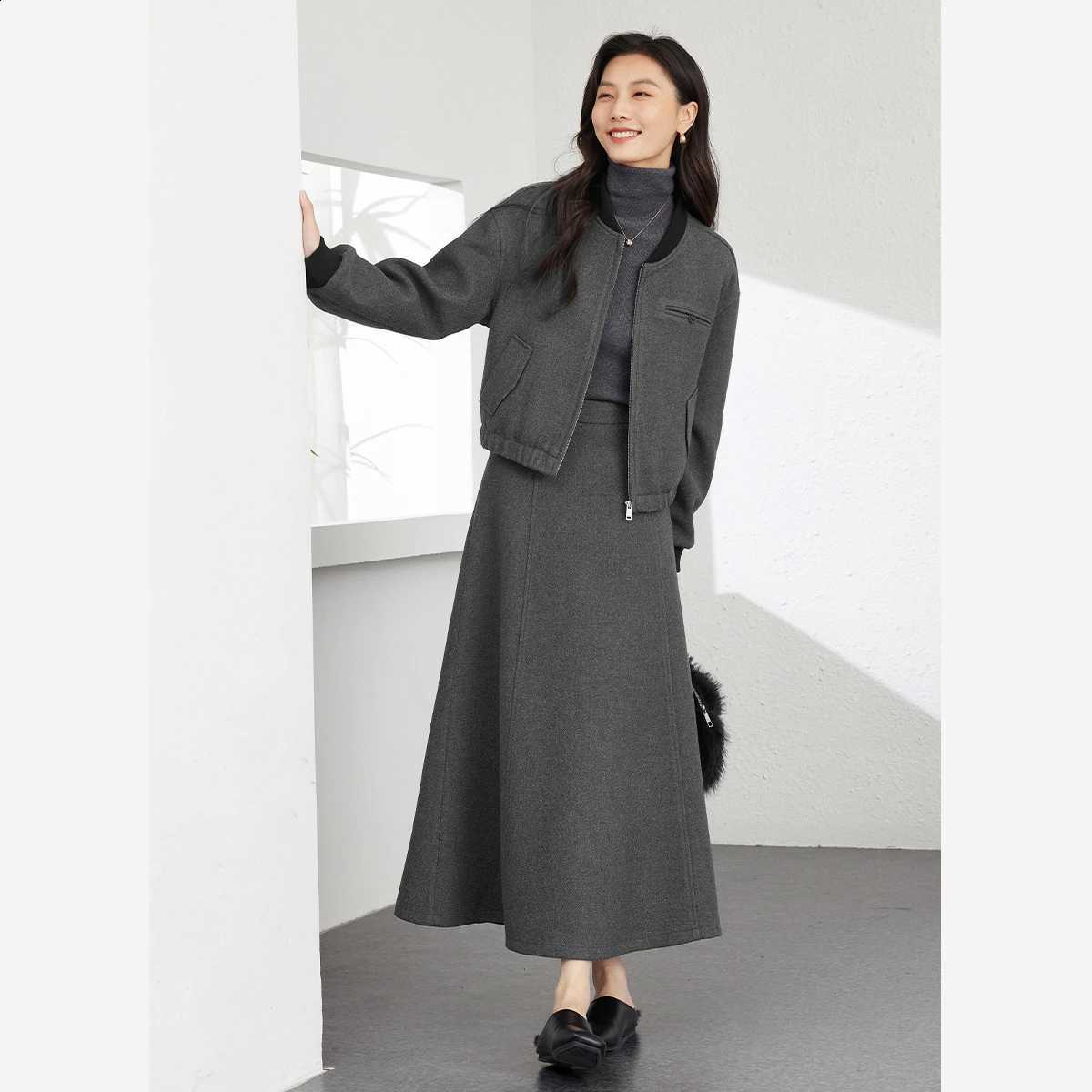 Two-piece VIMLY Women's Set Skirt 2026 Fall Winter Zip Up Padded Baseball Jackets Long Skirts Office Lady Matching Outfit M9168W260915