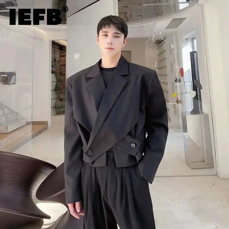 IEFB Elgance Mens Blazers Short Irregular Jacket Cross Suit Collar Patchwork Button Niche Male Suit Coat 9A7474 260917