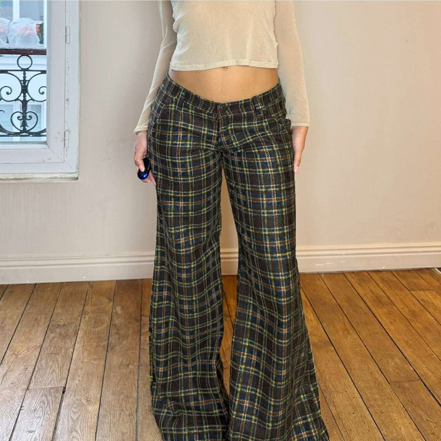 American retro-style casual loose-fit plaid print long for women, street-style straight-leg, slimming, woven flared pants db