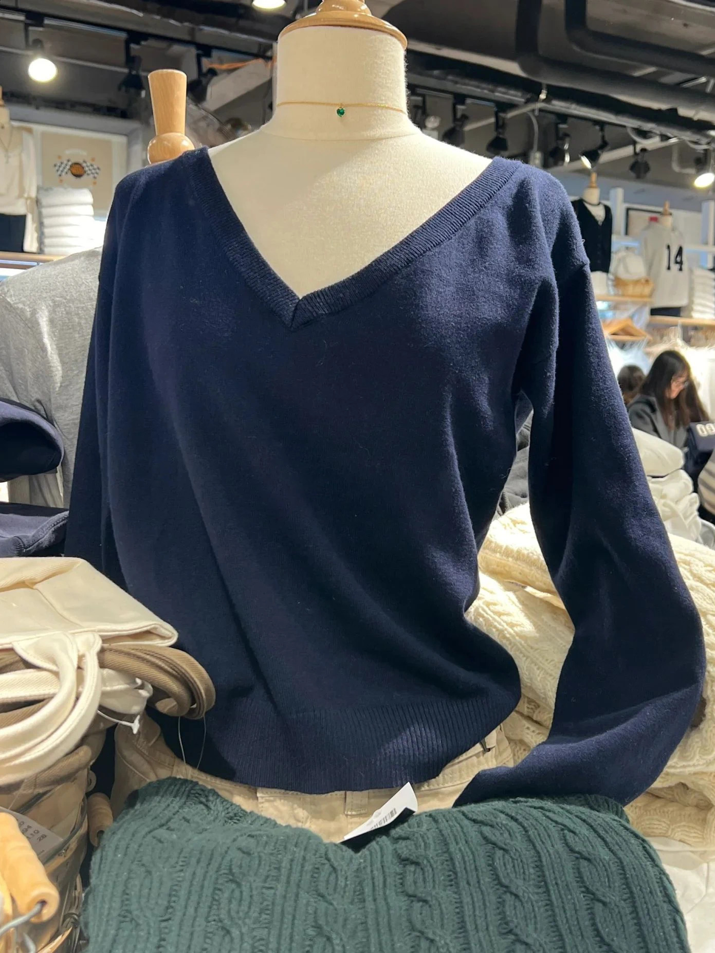Navy Vintage Sweater Woman Autumn Vneck Long Sleeve Cotton Pullover Solid Simple Streetwear Preppy Style Sweaters Y2k Jumpers 260917