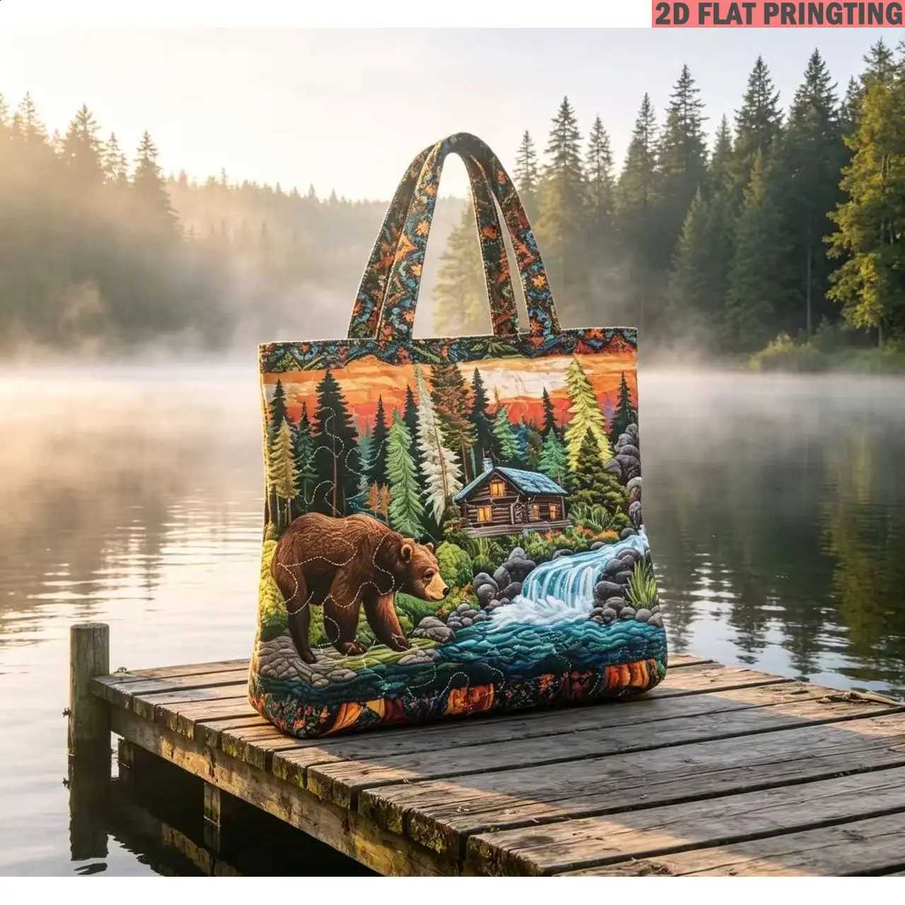 1pc Women's Quilted Tote Bag Bear Forest Cabin Waterfall Trees Sunset Mountains River Multi-Functional Capacity Quilted Bag H260916