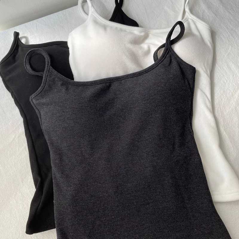 Solid Color Warm Brushed Camisole Vest with Cup and Chest Cushion Slim Fit and Plush Sleeveless Top H260916
