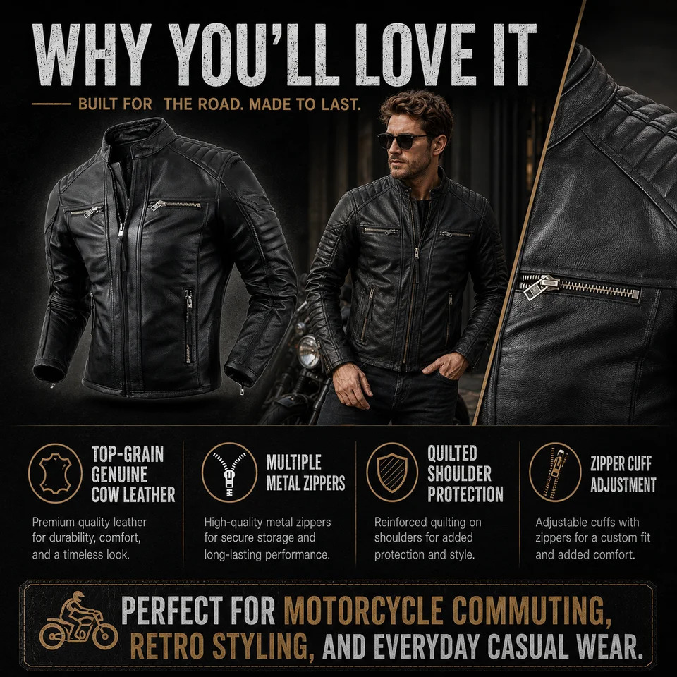 Motorcycle Causal Vintage Leather Coat Men Autumn Outfit Fashion Biker Pocket n Top Layer Cow Leather Jacket260916