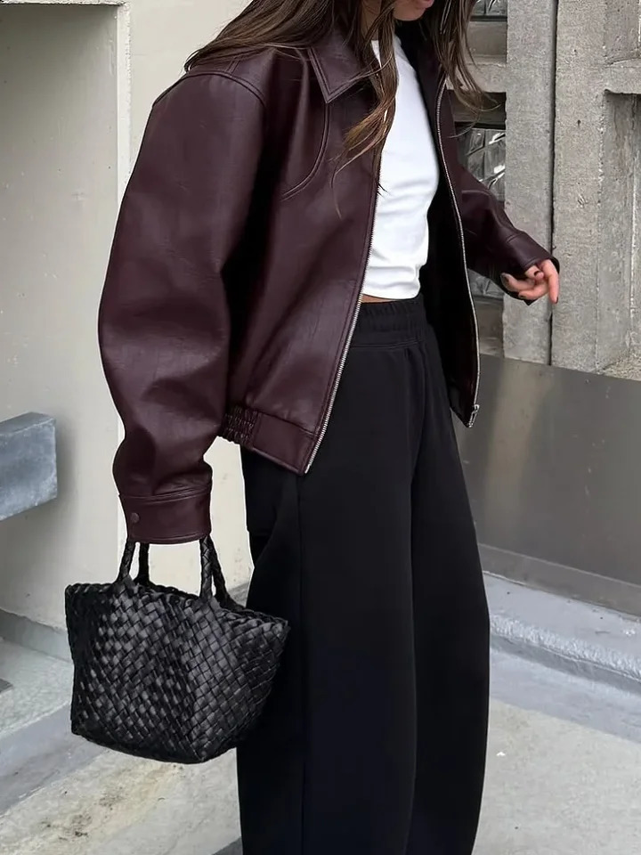 Retro Wine Red Lapel Leather Short Jacket Women Chic Zipper Long Sleeve Button Loose Coat 2026 Spring Daily High Street Outfits 260916