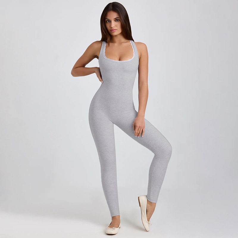 women's casual yoga jumpsuit, fashionable lace trim, square neckline, sports and fitness long pants 42
