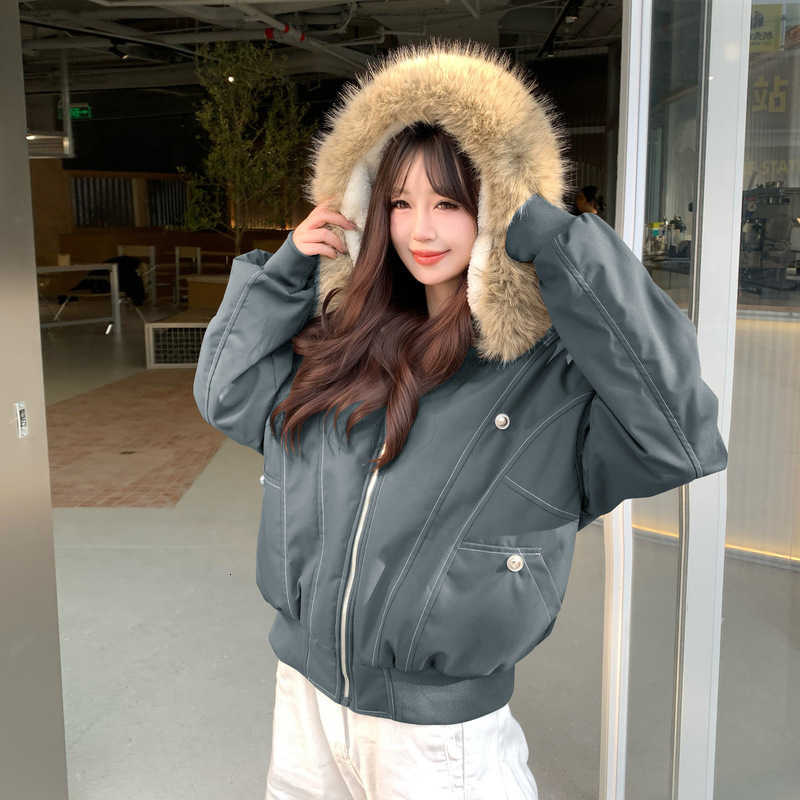 Hooded American Retro Fur Collar Parkas Trend High Street Short Winter Jacket for Women Y2K Fashion Cotton Padded Outwear H260917