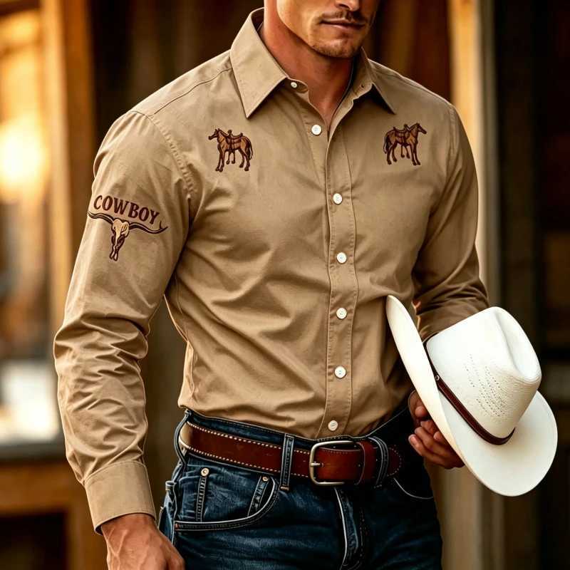 Autumn New Men's Long Sve Shirt Western Horse Head Bone Printed Shirt Collar Button Men's Top for Daily Outing Dressing Q260917
