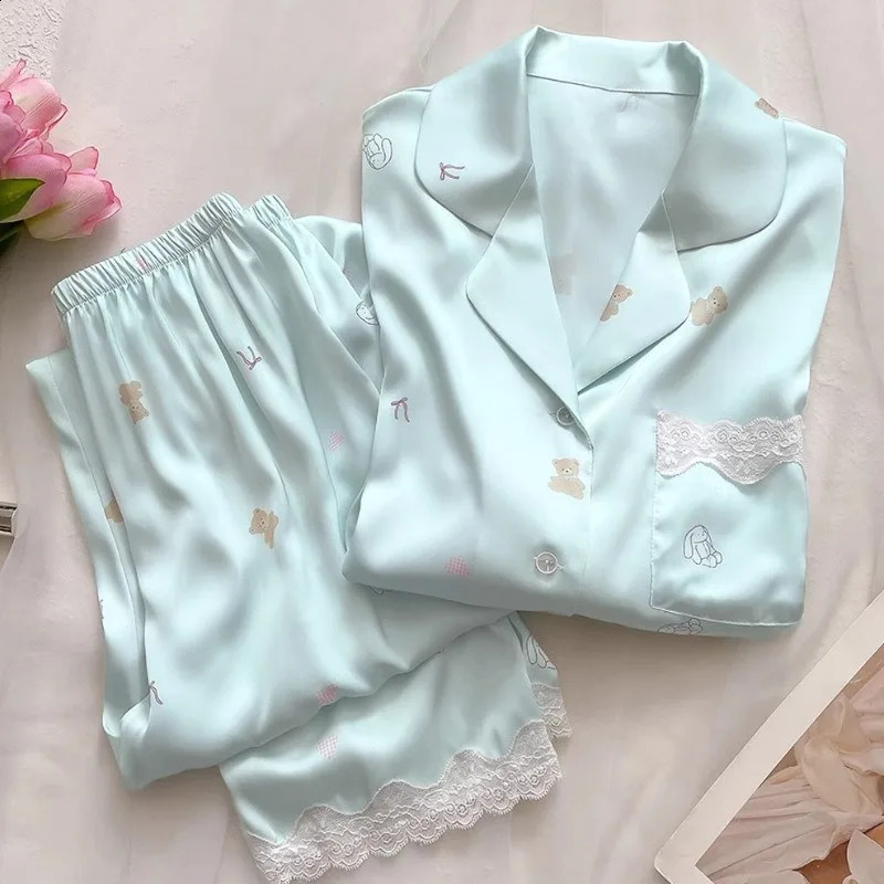 Bear Print Pajamas Women Cool Ice Silk Short Sleeve Pants Loungewear Cardigan Lace Fall and Winter Two-Piece Set Plus Size 260917