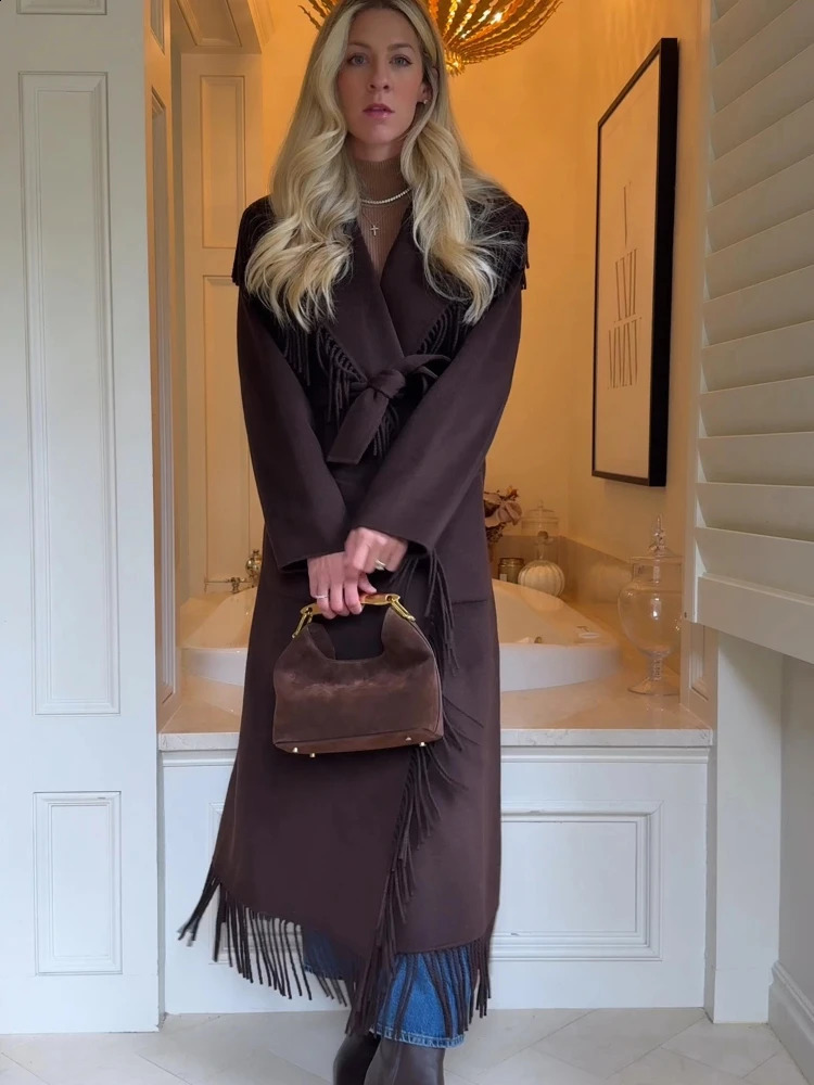 Dark Brown Lapel Neck Tassel Long Jacket Elegant Solid High Waist Lace Up Patchwork Coats Female Autumn Winter Chic 260917