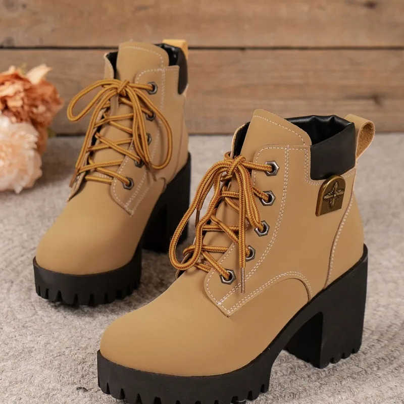 Chunky Women Round Toe Heels Ankle Boots Autumn New High Heels Shoes Woman Lace Up Platform Fur Short Booties Big Size 42 D260917