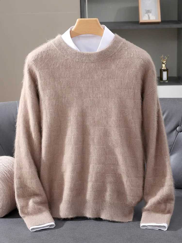 Cashmere Luxury Men's 100% Mink Thickening Sweater O-neck Grid Pullover Thick Knitwear Top Autumn Winter Anti-pilling Clothing J260916
