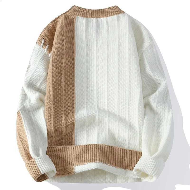 Sweater Color Knitted Blocked Patch Men's Knitted Warm Pullover 2024 High-quality Casual Loose Men's Coarse Yarn DecorationW260915