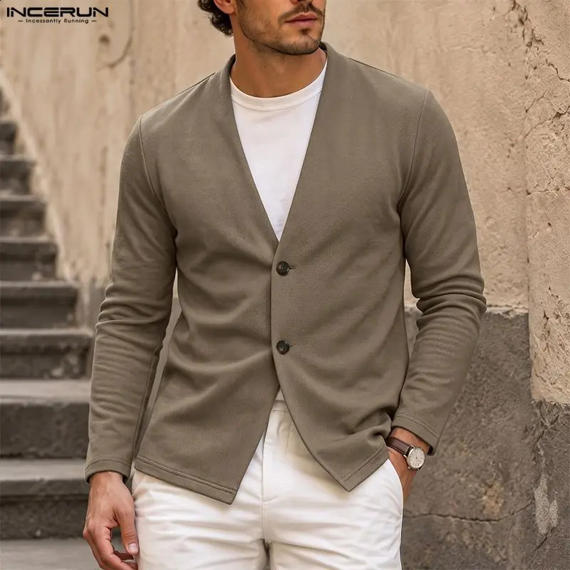 INCERUN Men Cardigan Solid Color V Neck Button Long Sleeve Outerwear For Man Streetwear 2026 Vintage Casual Male Coats 260828