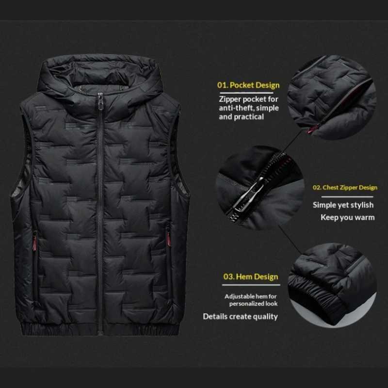 Winter Hooded Padded Vests Men Pleated Solid Puffer Vests Windproof Warm Sveless Jackets Outdoor Thicken Parkas 8XL Waistcoat Q260917