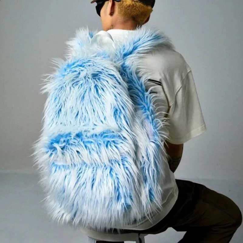 Fashion Ice Blue Pink Faux Fur Backpack Men Women Kawaii Cute Fluffy School Bag Outdoor Tarvel Laptop Bag 260916