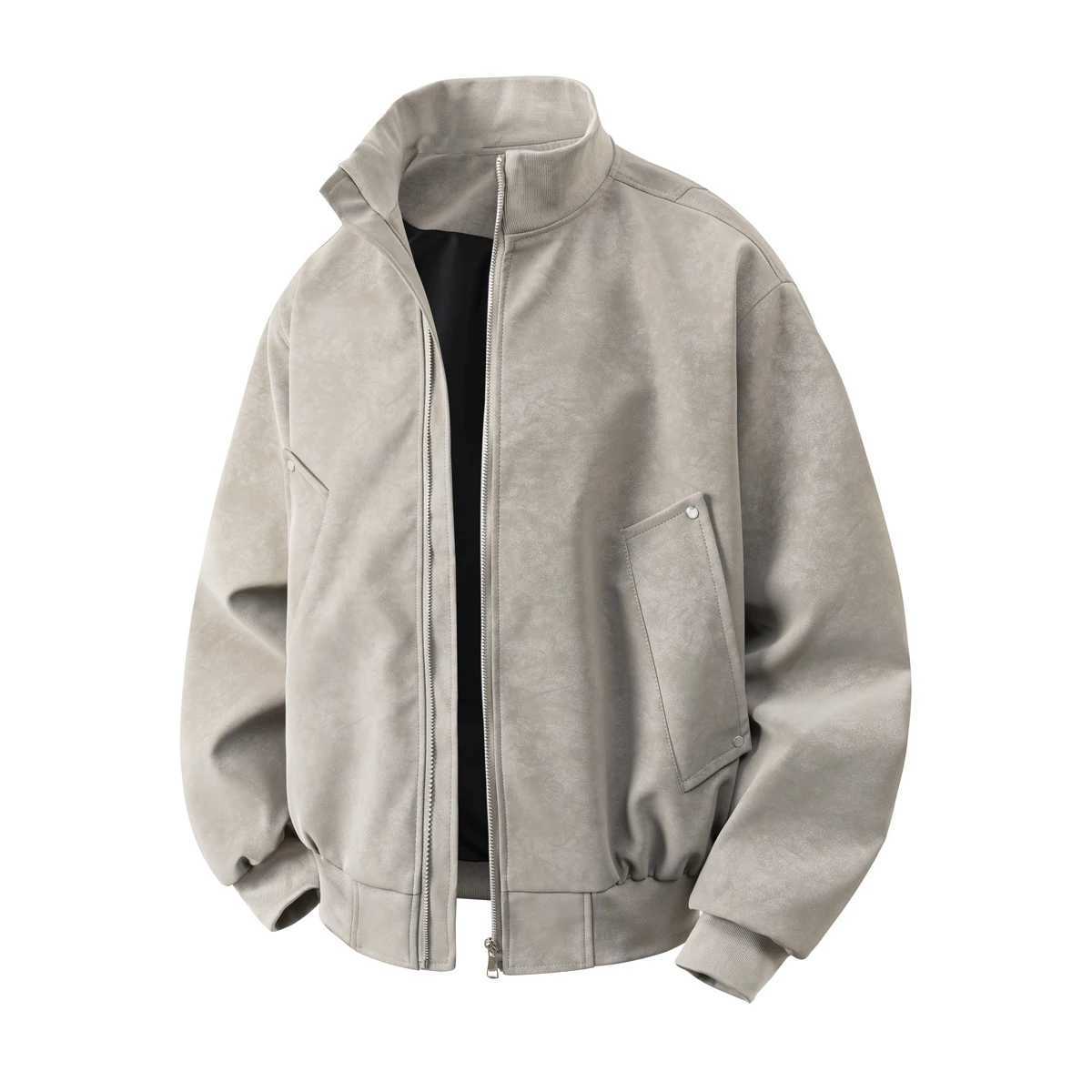 Autumn and Spring Style Trendy American High Strt Stand Collar Leather Jacket Men's Casual Loose Vintage High-end Outerwear S260917P5R3