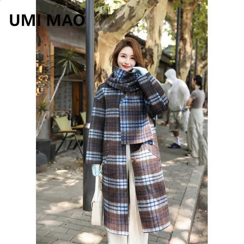 Woolen UMI MAO Coat Women's Autumn Winter New Reversible Plaid Scarf Cashmere Coat Elegant Slimming Long Jacket Female Overcoat C260917