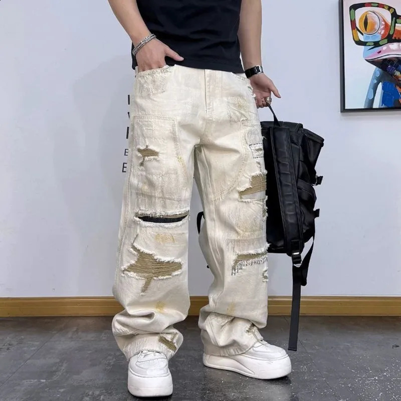 SpringAutumn Fashion Trendy American Style Straight Leg Stretch Ripped Jeans Mens Casual Loose Fit Sports Plus Size 260915
