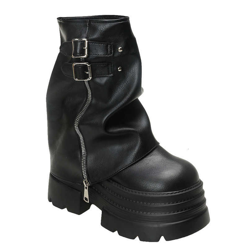 Chunky Warm 10CM Short Winter Boots Women High Heels New Mid Calf Leather Sneakers Trend Motorcycle Boots Fur Snow Shoes D260917