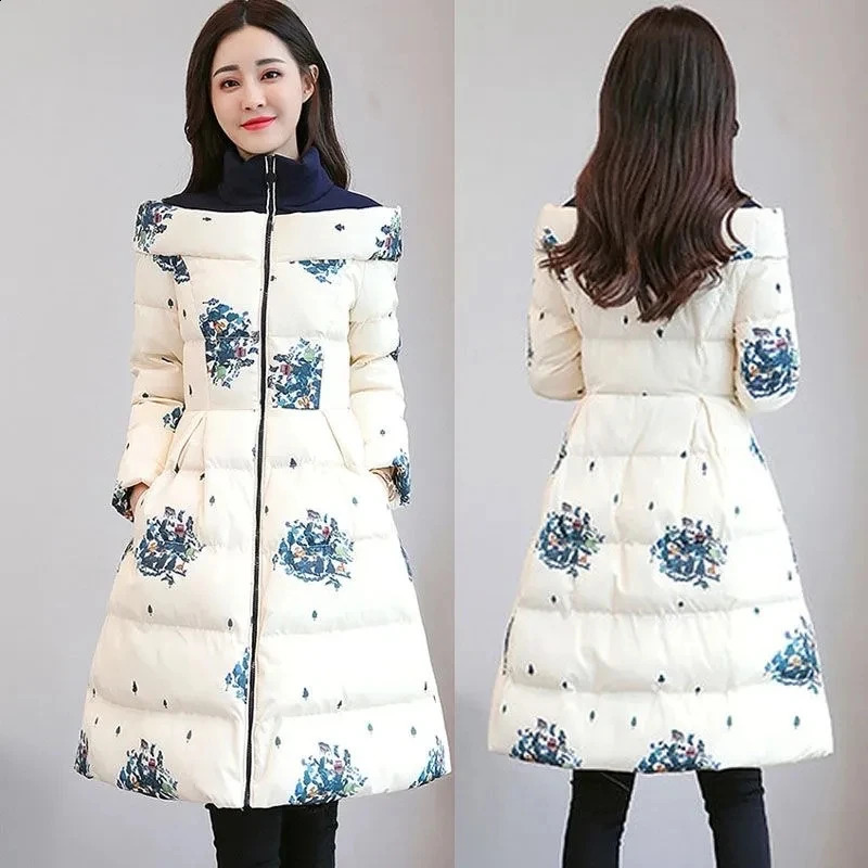 Cotton Jacket Women's Medium Long 2026 Winter Korean Version Slim Print Thick Cotton Cloak Jacket Female Warm Parka Overcoat260917