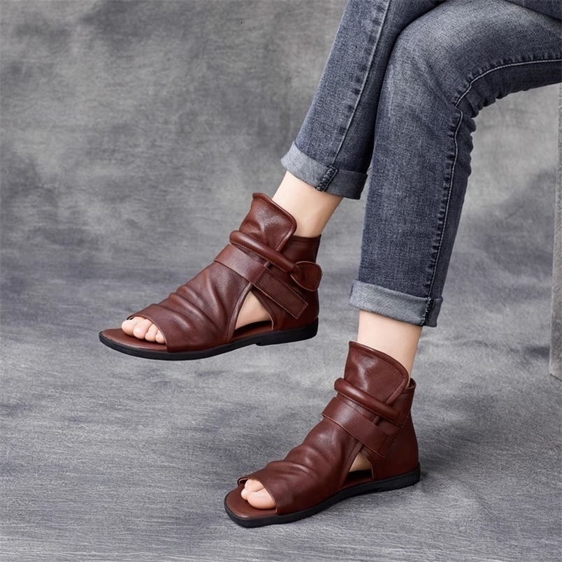 GKTINOO 2026 Summer Shoes Genuine Leather Cool Boots Womens Handmade Flat Heels Sandals Women High Top Cowhide Open Toe Zipper 260917