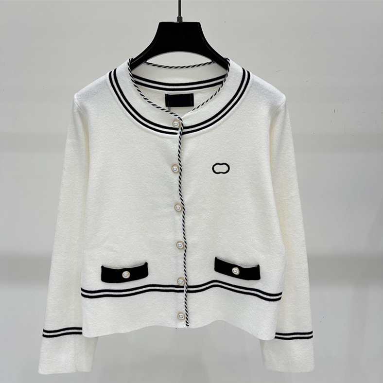 Classic Women Striped Piping Knit Cardigan Formal Crew Neck Long Sleeve Embroidery Outwear Autumn Banquet Meeting Office Knit Coat