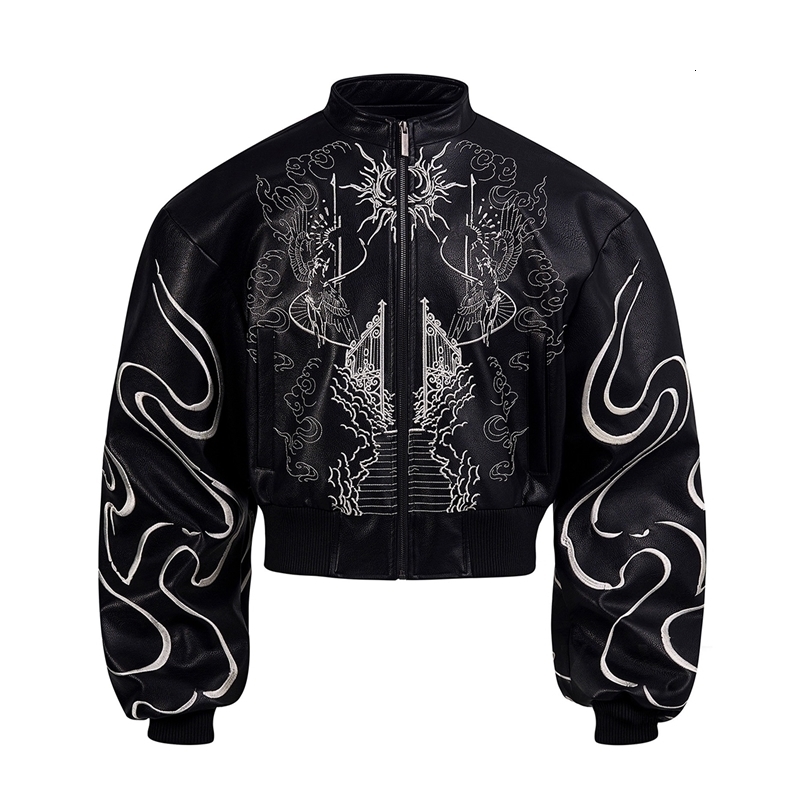 Mauroicardi Autumn Short Colorful Embroidery Pu Leather Racer Jacket Men Zipper Emo Punk Style Clothes 260917