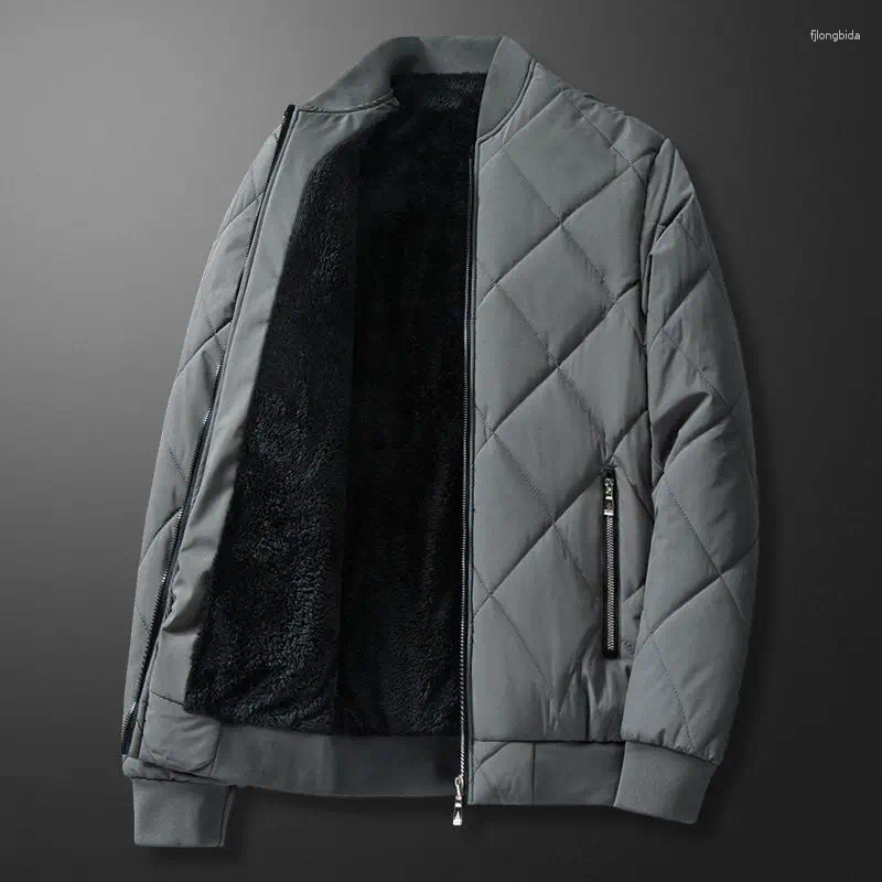 Men's Down Baseball Jacket Man Warm Winter Fleece Lining Bomber Rhombus Sport Parka Coats Stand Collar Windproof Wear-resistant