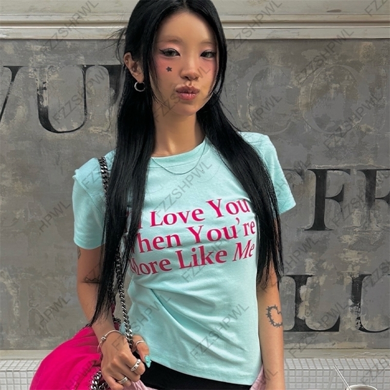 Harajuku Womens Tshirt with unique aesthetic letter print Gothic kawaii Y2K tie casual Korean street style casual crop top 260916