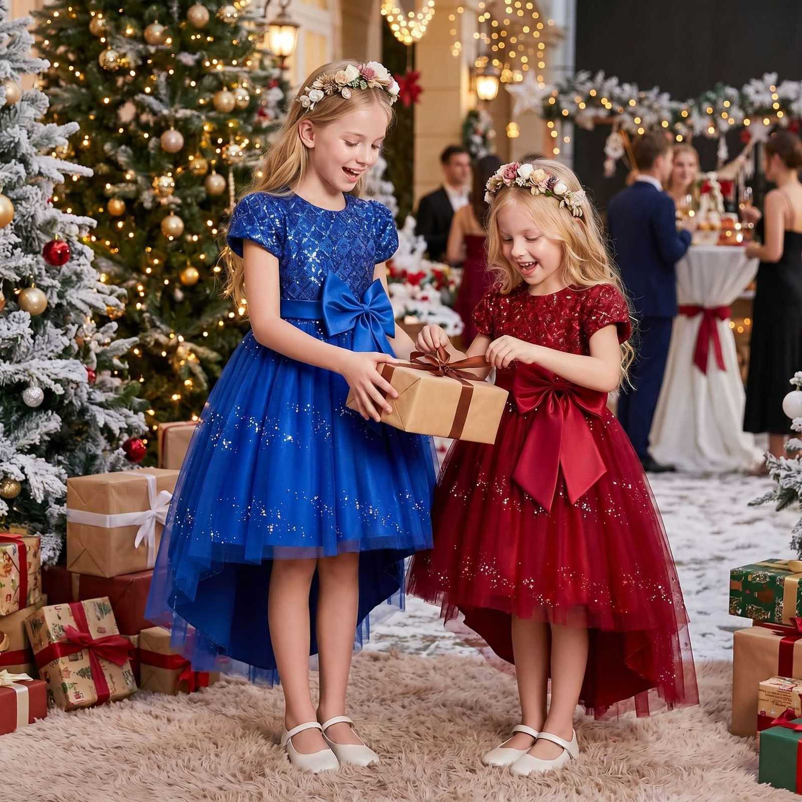 Special offer Christmasthemed girls dress with sequins a bow and a short front and long back design perfect for flower girls fashion shows and perfo