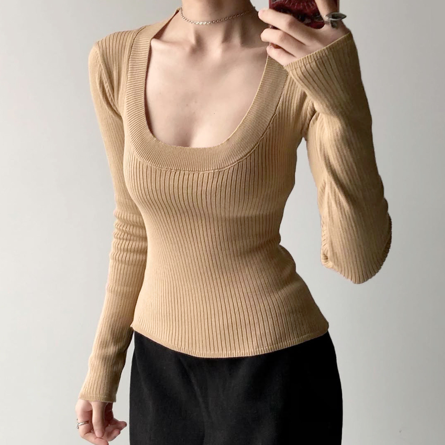 Korean-style slim-fit knitted base layer, new autumn design, U-neck, fitted inner top, patchwork sweater, long-sleeved shirt b3